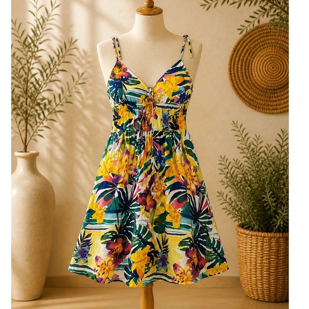 Jolie & Joy Tropical Floral Smocked Waist Tie Front Mini Sundress Yellow Multi L - Picture 1 of 9